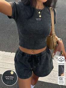 SHEIN Muchic 2pcs Women Fashion Minimalist Graphic Cropped T-Shirt And Drawstring Waist Shorts Set - Black - View 6