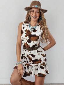Wildy Women's Cow Print Sleeveless Mini Dress,Casual Country Western Music Festival Outfits,Summer White Animal Print Concert Outfit,BOHO Chic Vacation - Multicolor - View 7