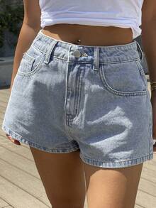 Livesso Plus Size Women's Solid Washed Versatile Casual Denim Shorts, Spring/Summer - Light Wash - View 8