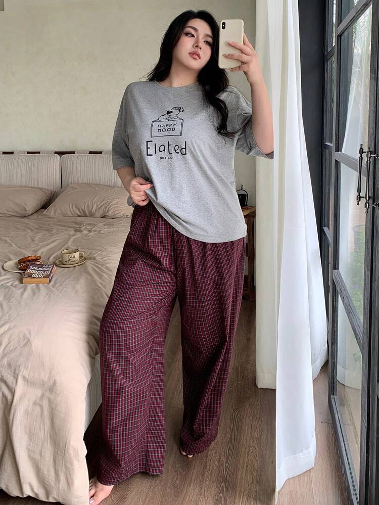 Dazy Plus Letter Dog Print T-Shirt Top & Plaid Loose Pajama Pants Set, Plus Size Women Spring/Summer Sleepwear