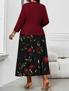 SHEIN Lady Đầm tím đỏ thanh lịch, kín đáo, thích hợp mặc đi làm mùa thu đông; Bộ đồ đôi màu tím cỡ lớn, cổ tròn, sang trọng dành cho nữ; Trang phục đồng quê cho nữ; Đầm đồng quê cho nữ; Bộ đồ hai mảnh in họa tiết màu tím. - Đỏ - Xem 2