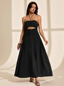 SHEIN Tall Women's Solid Color Backless Beaded Crochet Dress, Perfect For Vacation,Bohemian Clothes - Black - View 5