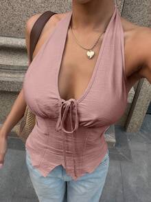 Ritzy Row Áo tank top ôm sát cổ chữ V hở lưng thanh lịch mới, thiết kế tối giản, phong cách công sở sành điệu, mùa xuân/hè. - Bụi hồng - Xem 4
