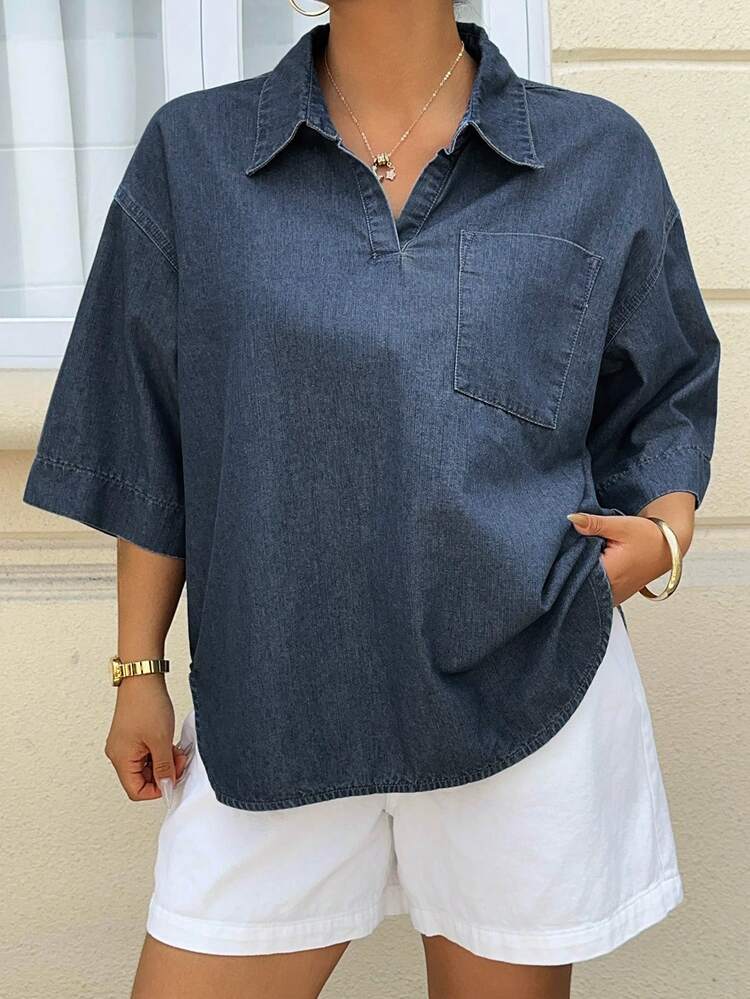Dazy Plus New Arrival Women Plus Size Loose Casual Raw Denim Short Sleeve Denim Top