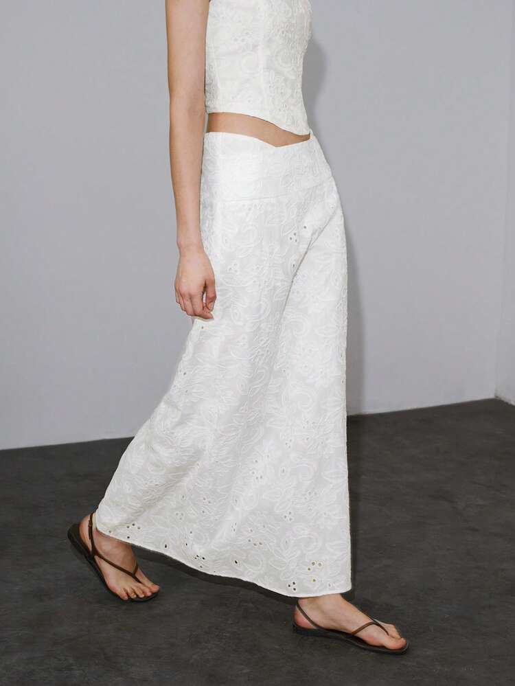 VACATION LOW WAIST WIDE WAISTBAND A-LINE EMBROIDERED COTTON SKIRT, SPRING/SUMMER