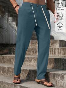 VENTUSAIL Pantalones largos de lino para hombre, color liso, cintura con cordón, corte cónico, frescos, para salir, otoño, vacaciones - Agua verde azul - Ver 6