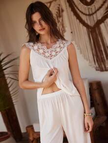 Lullawish Bộ đồ ngủ nữ phong cách Bohemian dáng rộng, cổ chữ V, ren khoét lỗ. - trắng - Xem 4