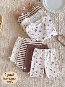 SHEIN Vintaside Kids 女婴四件套休闲百搭可爱短裤套装，夏季 - 棕色 - 查看 4