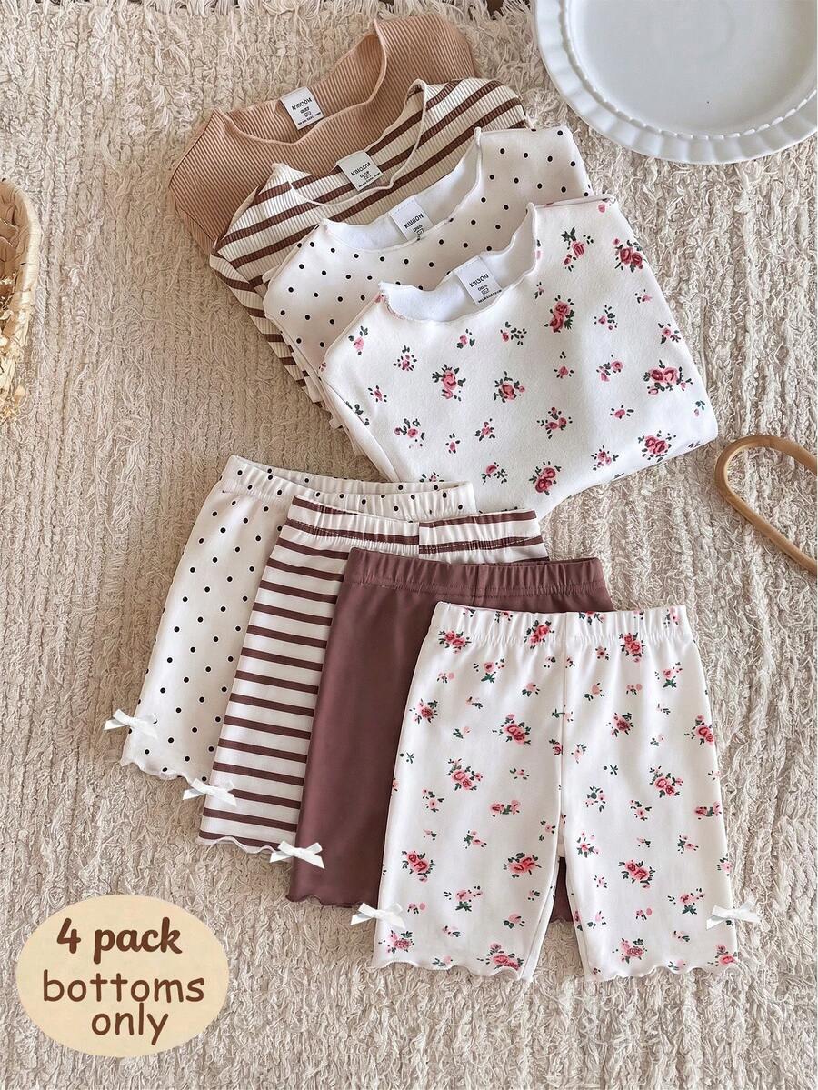 SHEIN Vintaside Kids 女婴四件套休闲百搭可爱短裤套装，夏季 - 棕色 - 查看 1