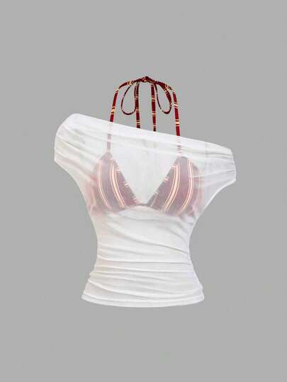 Sweetra Nueva blusa elegante, cómoda y de ajuste ceñido con cuello halter, a rayas y transparente, de estilo retro y sexy para mujer, para primavera/verano