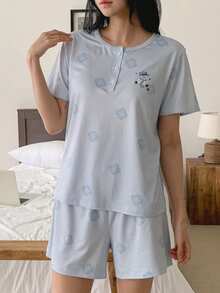 DAZY Women Bear & Floral Print Top And Shorts Pajama Set Summer - Blue - View 8