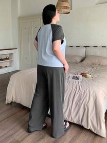 Dazy Plus Casual Contrast Color Raglan Sleeve Loose Short Sleeve Top And Loose Long Pants Plus Size Women Spring/Summer Pajama Set - Grey - View 4