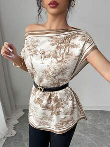 GlowEve Women's Fashionable Elegant Ink Painting Pattern Print Oblique Collar Batwing Sleeve Loose Blouse - Multicolor - View 4