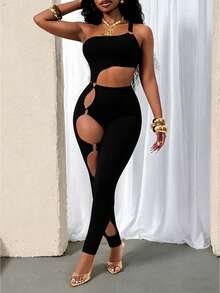 Glyssa Women's Black Bodycon Jumpsuit,Metallic-Decorated Open-Back Lace-Trimmed Sultry Summer Outfit,Everyday Wear Night Out Birthday Party Rave Disco Sexy - Black - View 6