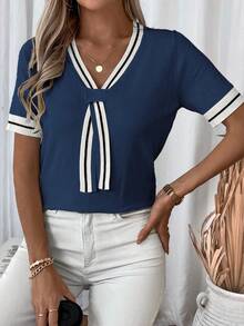 EMERY ROSE Women's Fashionable Versatile Striped Contrast Color Short Sleeve Knit Top Brunch Navy Blue And White Summer Coastal - Royal Blue - View 6