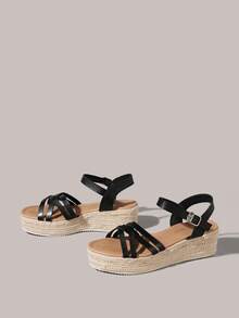 Styleloop Giày sandal đế xuồng dệt kim màu trơn thời trang nữ, kiểu dáng thường ngày, quai chéo trang trí, phong cách Bohemian, giày nghỉ mát cổ điển kiểu Pháp, sandal đế xuồng bằng vải canvas, quai ngang mắt cá chân, phong cách thời trang dự tiệc lễ hội âm nhạc miền Tây nước Mỹ, giày mùa xuân và hè, giày dự lễ Phục sinh, giày đi nghỉ mát, trang phục mùa hè, phụ kiện du lịch không thể thiếu. - màu đen - Xem 9