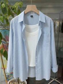 SHEIN CURVE+ Curve 尺码 US22 音乐节、海滨度假、波西米亚风女士长袖休闲条纹衬衫，春夏女装 - 藍色 - 查看 5