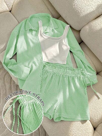 Resyla Conjunto casual de 3 piezas para mujer: camisa de manga larga a rayas, camiseta de unicolor y shorts