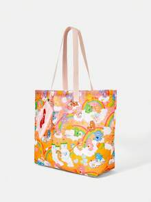 SHEIN X Care Bears 1件時尚輕便可折疊印花托特包，購物袋，便攜式單肩包，卡片收納袋，適用旅行與購物等 - 彩虹色 - 查看 3