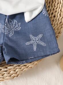 SHEIN Playful Pals 3件組 嬰幼兒男童休閒學院風字母藍白條紋背心、佩斯利花卉印花襯衫、短褲 夏季度假假日套裝 - 藍色 - 查看 10