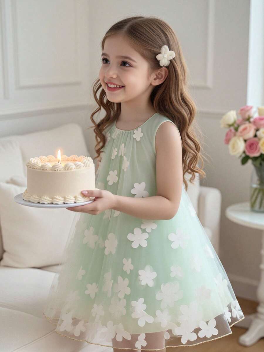 SHEIN Glamorique Kids 小女孩印花圆领无袖公主裙，花童礼服，3D立体花朵图案，生日派对、婚礼节日礼服 - 綠色 - 查看 1