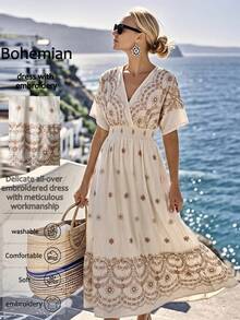SHEIN Holidaya Summer Bohemian Fully Embroidered Elegant Dress, Suitable For Beach Vacation - Apricot - View 5