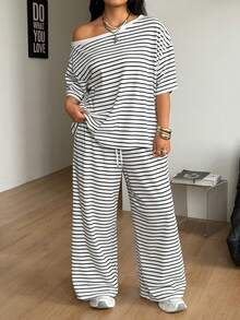 Coolane Women's Plus Size Summer Streetwear Basic Daily Wear Going Out Comfy White Stripes Off Shoulder T-Shirt And Wide Leg Sweatpants Two Pieces Outfits - Black and White - View 7