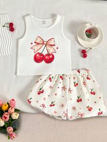 SHEIN Genkimix Kids 4件套：女童甜美樱桃草莓印花吊带背心和草莓格子碎花短裤，清新夏日度假风，适合海滩、旅行和其他夏季场合。 - 彩色 - 查看 5