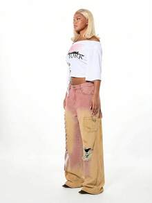 SUMWON WOMEN Denim Macrame Ripped Wide Leg Jeans With Distressed Details And Lace Up Side Detailing Boho Festival Style - Pink - View 3