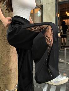 FRIFUL 女士夏季纯色拼接透视蕾丝镂空裤 - 黑色 - 查看 5