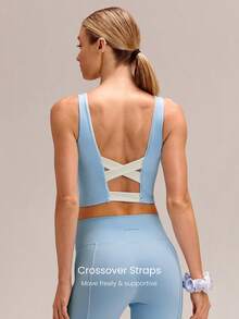GLOWMODE FeatherFit™ On The Line Soft Stretchy Sweat-Wicking UV Protection Crossover Back Two-Tone Removable Cups Cropped Active Tank Yoga Pilates - Blue Day - View 4