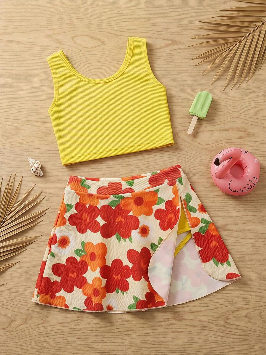 Dazy Kids Dopamine Floral Print Tankini Swimwear For Young Girl Vacation Summer - Yellow - View 1