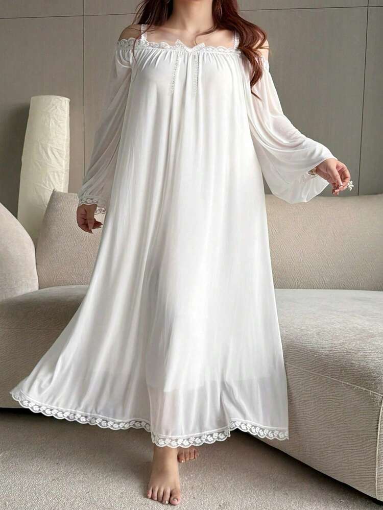 Dazy Plus Plus Size Women Elegant Off-Shoulder Contrast Lace Chiffon Maxi Nightgown, Sexy Sleeveless Lingerie For Spring & Summer