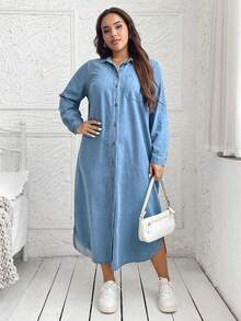 SHEIN Lady Robe en jean à manches longues grande taille, bleu - Jean clair - Voir 4