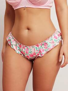 Elorette Plus Size Romantic Floral Print Satin Panties - Pink - View 3