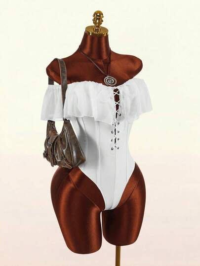 Amplova Off-Shoulder Ruffle Criss-Cross Strap Bodysuit With Bow Tie, Sexy Vacation Casual