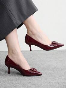CUCCOO BIZCHIC Buckle Simple And Generous Fashion Versatile Casual Workplace Commuter Women's High Heels Shoes - Burgundy. - View 4