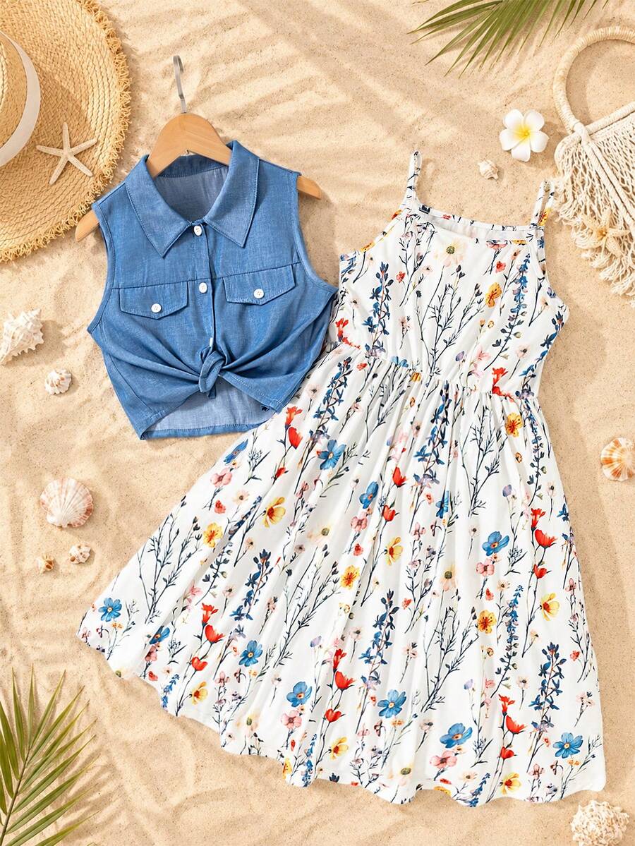Sparklyn 2pcs Tween Girls Denim Vest + Colorful Floral Print Slip Dress 2-Piece Set, Spring/Summer - Blue - View 1