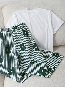 SHEIN Girls' White T-Shirt + Casual Striped Straight Pants Comfortable 2-Piece Set - Green - View 3