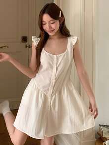Livesso 女士纯色前扣连体裤家居服夏季 - 白色 - 查看 5