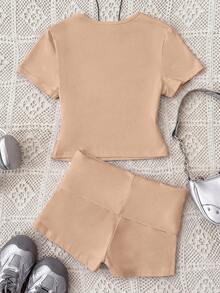 Teen Girl/Teen Girls' Knit Casual Solid Khaki Crew Neck Pullover Sweater + Khaki Shorts Set, Summer Outfit, Basic Style, Casual & Sporty - Khaki - View 2