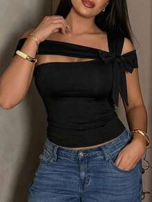 Dazy Plus Plus Size Women Asymmetric Neck Bow Decor T-Shirt - Black - View 1