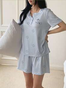 DAZY Women Bear & Floral Print Top And Shorts Pajama Set Summer - Blue - View 7