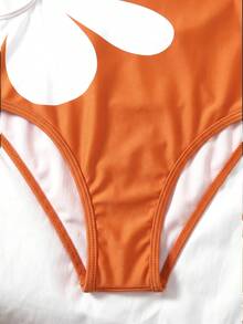 SHEIN Tween Girls' Orange & White Colorblock Floral Patchwork One-Piece Swimsuit, Cute Casual Vacation Beach Outfit - Orange - View 4