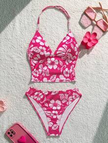 Bộ đồ bơi tankini cổ yếm và tankini tam giác in hoa mùa hè dành cho bé gái tuổi teen. - Màu Hồng Tươi - Xem 2
