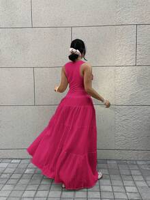SHEIN EZwear 大码女式无袖上衣和中长裙两件套，休闲款 - 玫紅色 - 查看 2