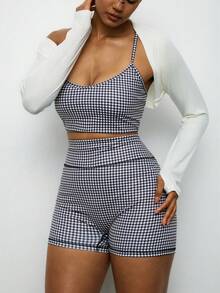 Voyena Plus Size Women Plaid Print Cropped Camisole And High Waist Shorts 2 Pieces Activewear Set,Jogging,Workout Sets Women,2 Piece Tracksuit Women,Women's Sportswear,Tracksuits For Women, - Black and White - View 3