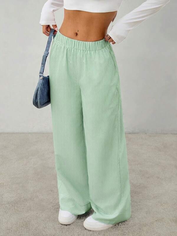 SHEIN PETITE Women's Elastic Waist Striped Wide Leg Loose Casual Pants