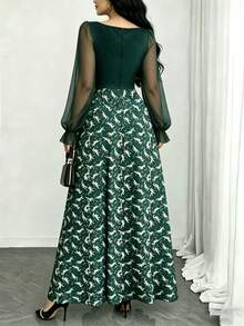 Modelyn 加大码雏菊印花长款连衣裙，女士时尚方领灯笼袖设计连衣裙，夏季收腰优雅长款连衣裙，深绿色花卉图案长款连衣裙，适合夏季度假和日常穿着 - 彩色 - 查看 2