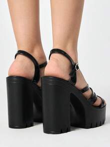 ROMWE Grunge Punk Sexy Open-Toed Punk Gothic Black Striped Metal Buckle High-Heeled Sandals, Spring And Summer Nightclub Party Women's Shoes - Black - View 5